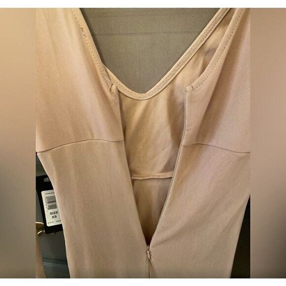 Bebe New Bodycon Solid Beige Nude Sheer Long Sleeve Ruched Mini Dress Xs - Picture 9 of 12